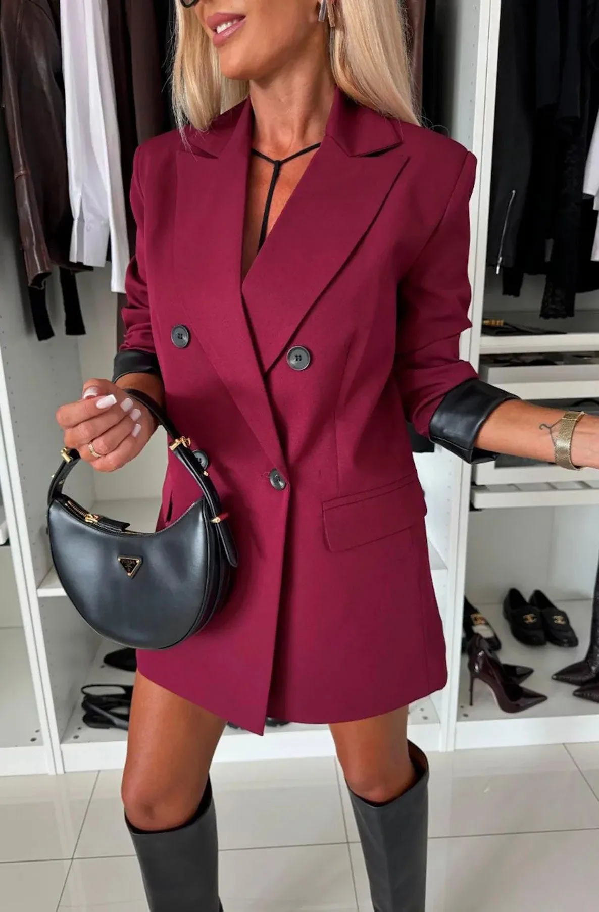 Myla Oversized Faux Leather Blazer Jacket-Wine