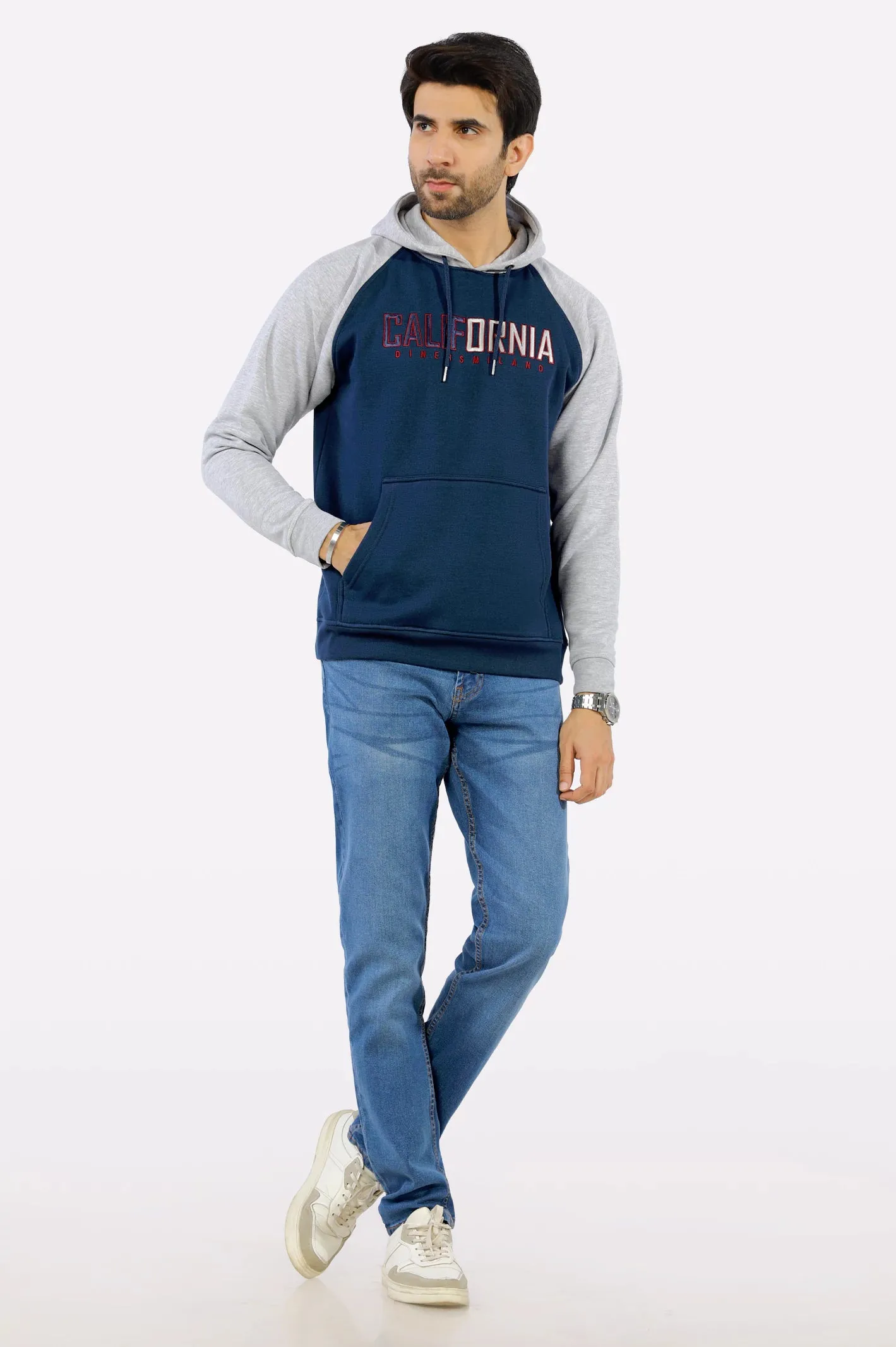 Navy Blue Embroidered Hoodie for Mens