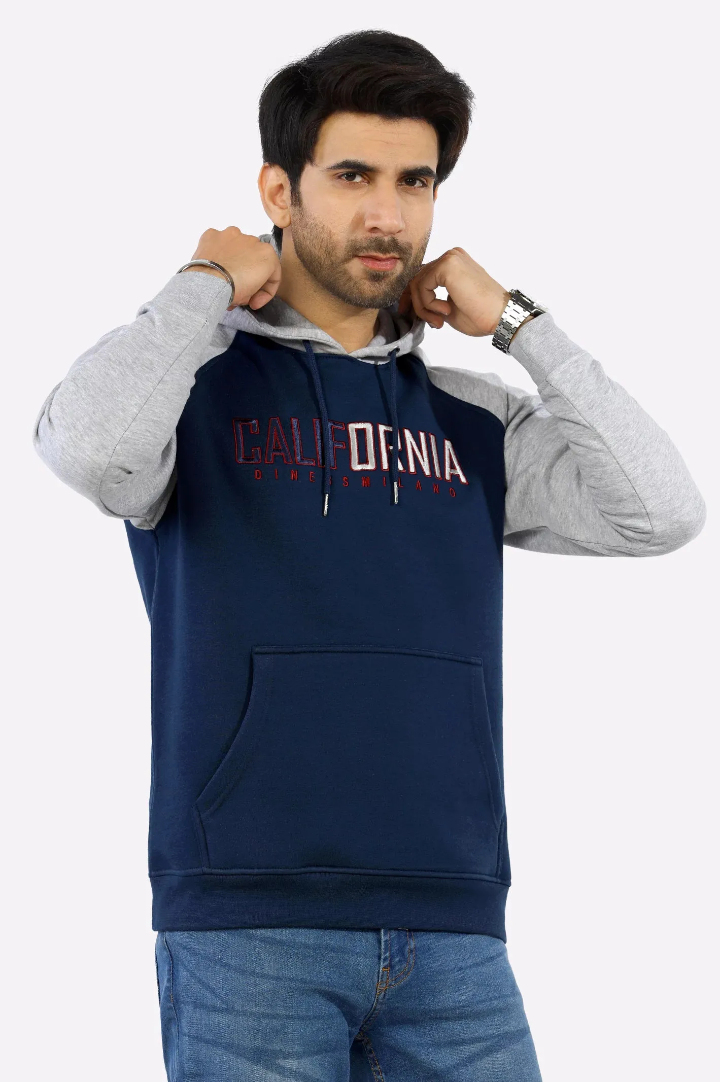 Navy Blue Embroidered Hoodie for Mens