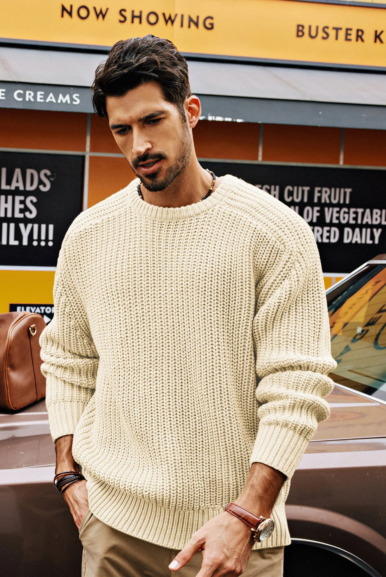 PJ Men Textured Sweater Long Sleeve Crew Neck Dropped Shoulder Pullover