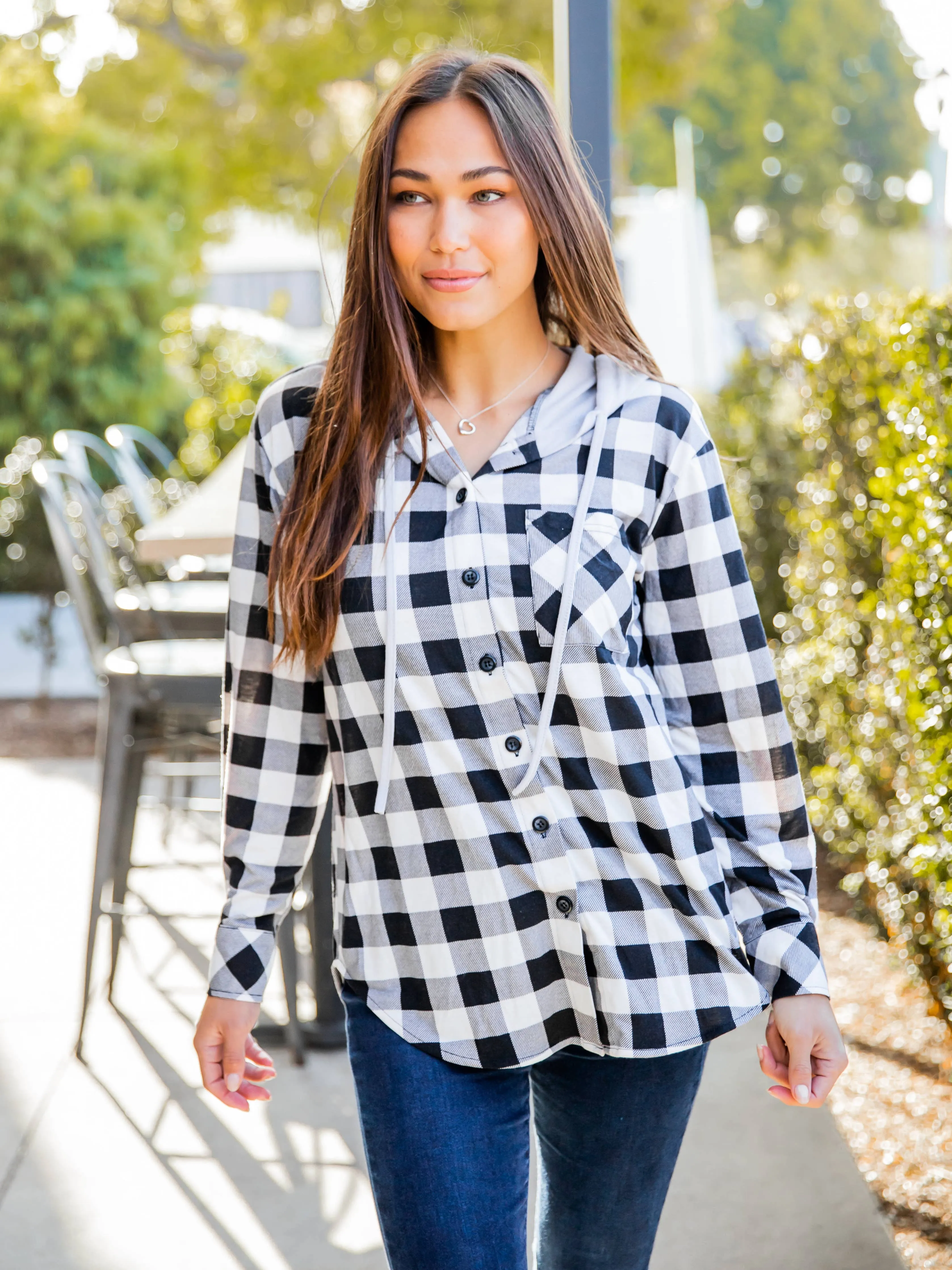 Plaid Gray Hooded Button Up