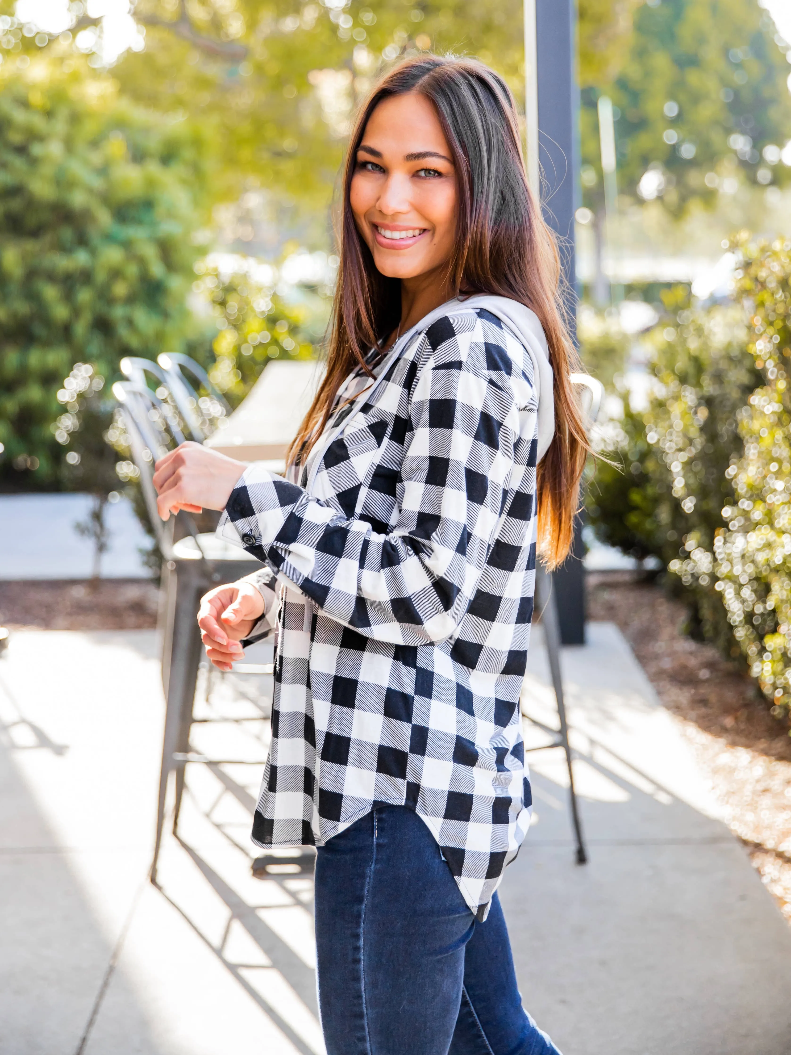 Plaid Gray Hooded Button Up