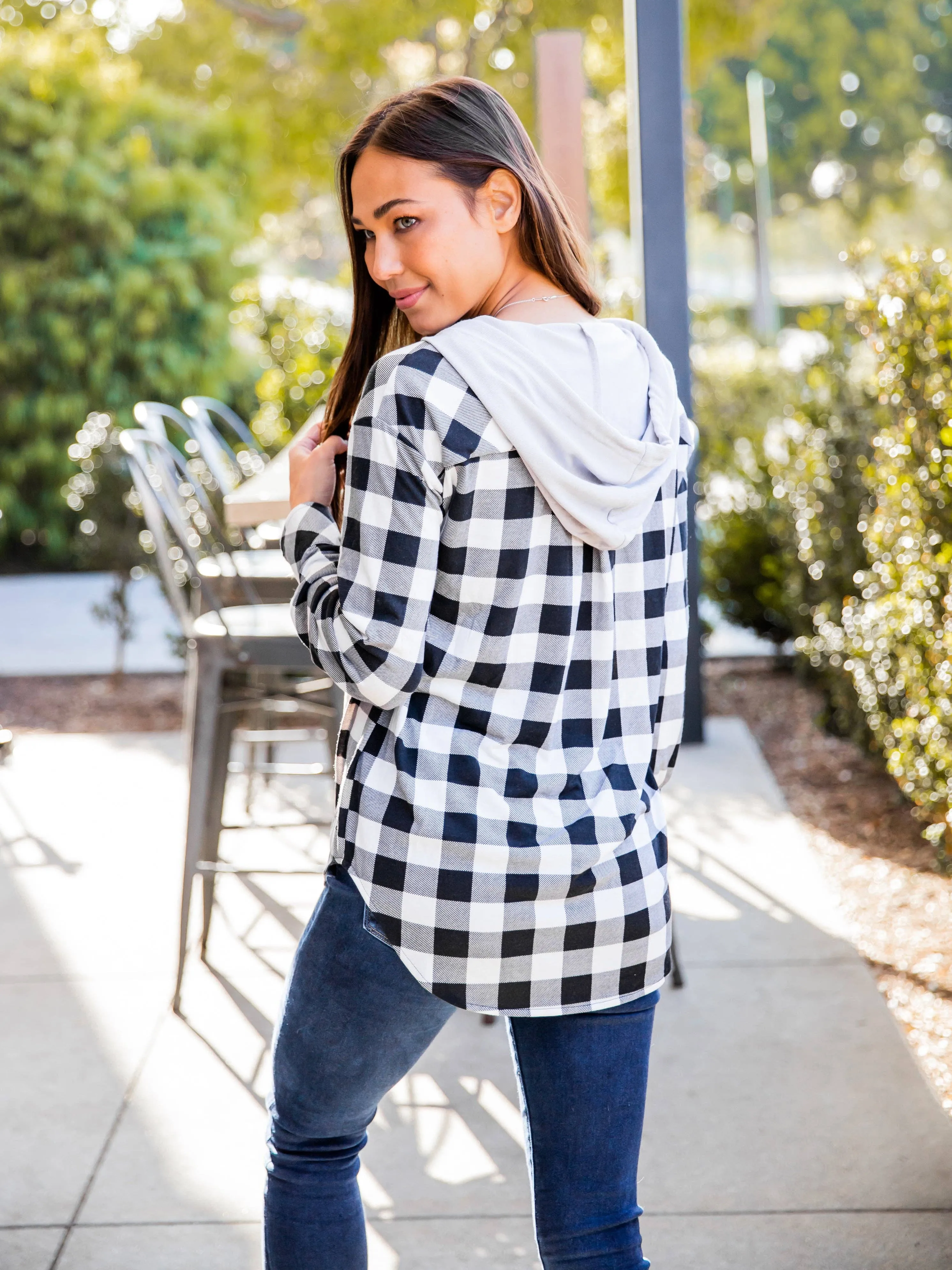 Plaid Gray Hooded Button Up