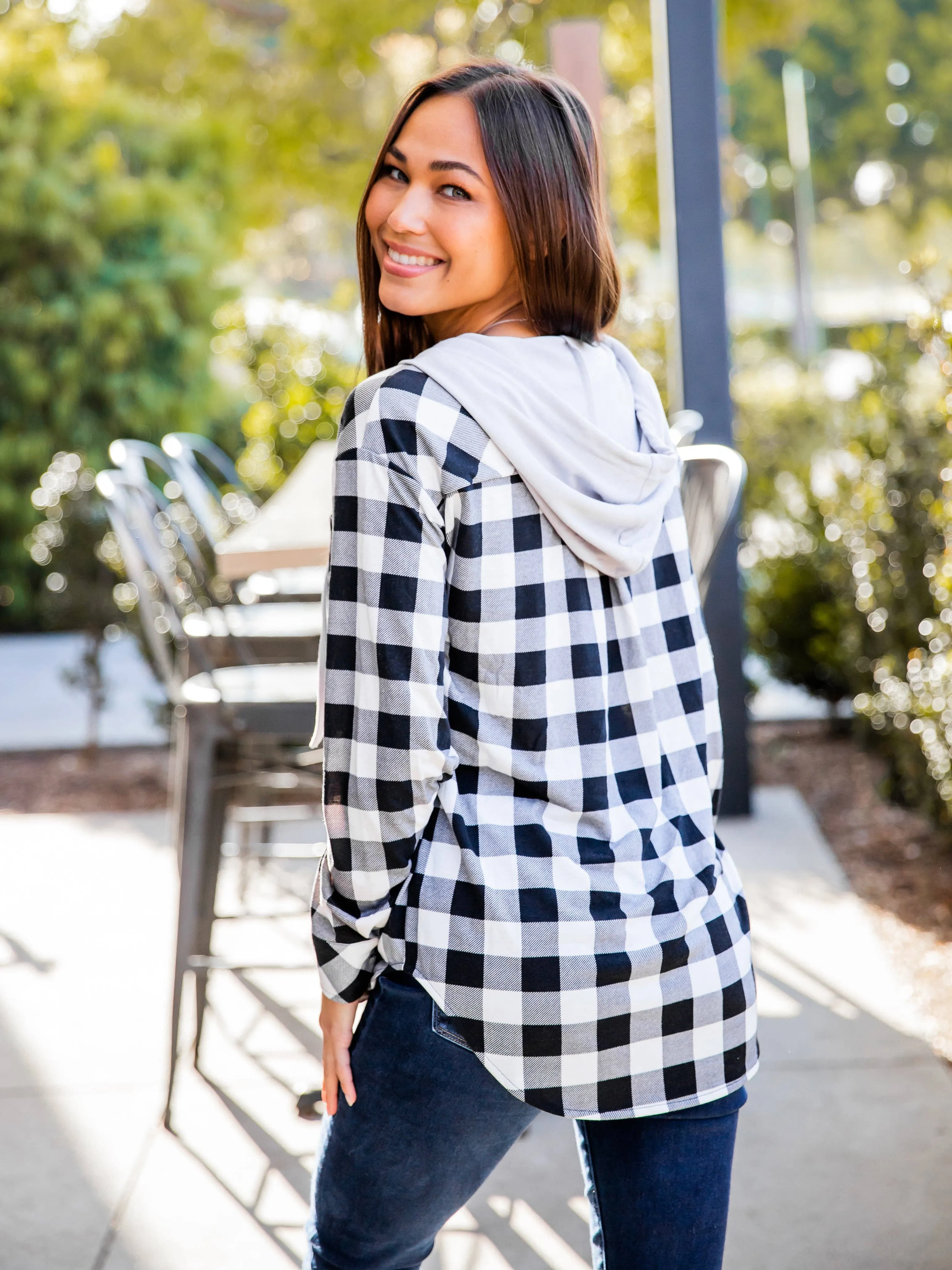 Plaid Gray Hooded Button Up