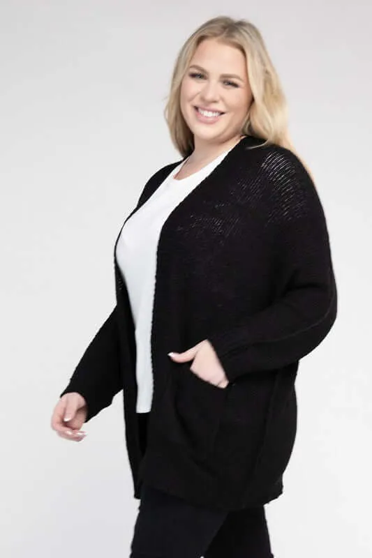 Plus Size Ribbed Knit Open Front Cardigan