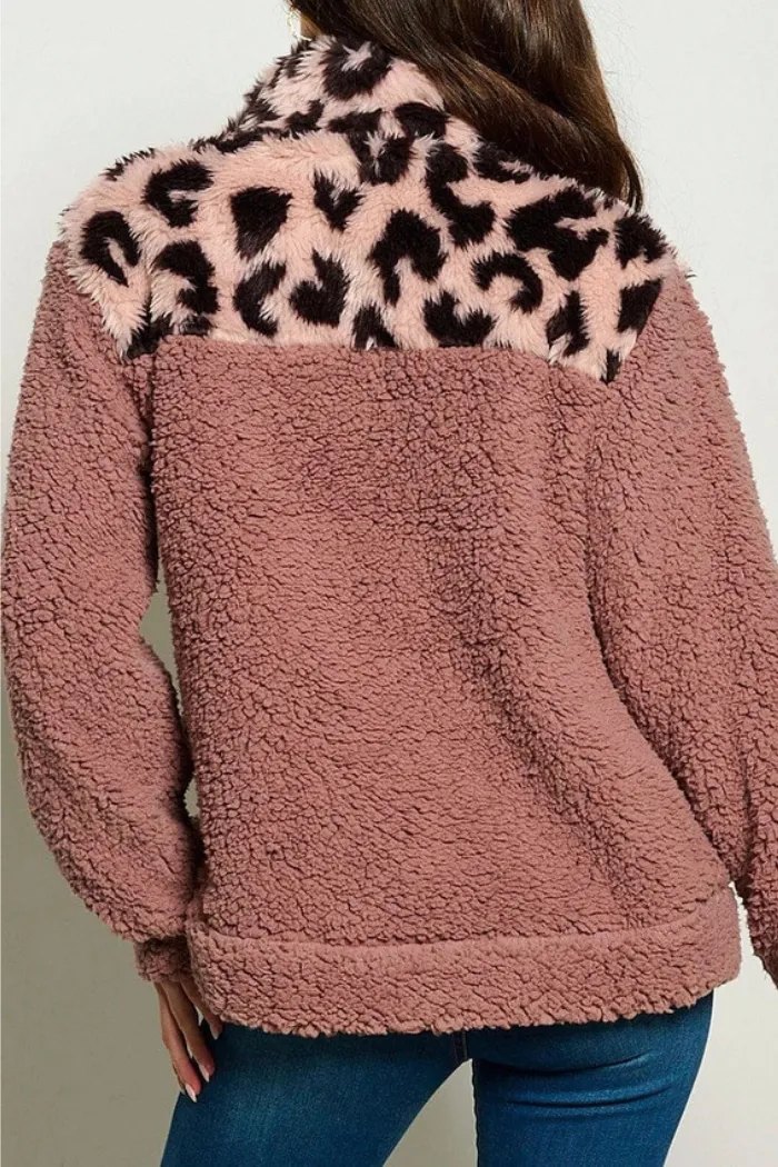 Pockets Zip Up Animal Print Sherpa Jacket