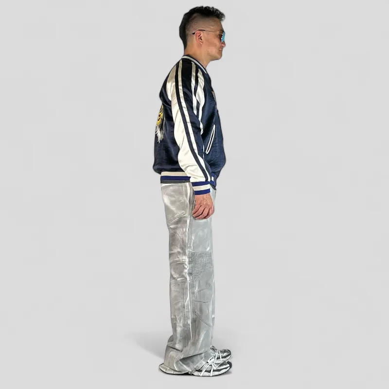 Reversible satin baseball jacket with tiger embroidery