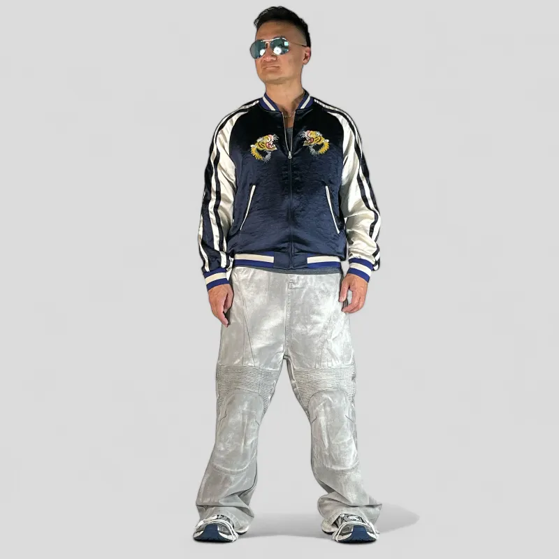 Reversible satin baseball jacket with tiger embroidery