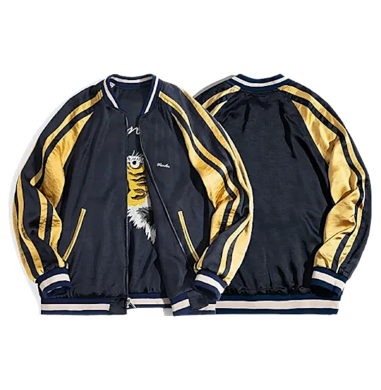 Reversible satin baseball jacket with tiger embroidery