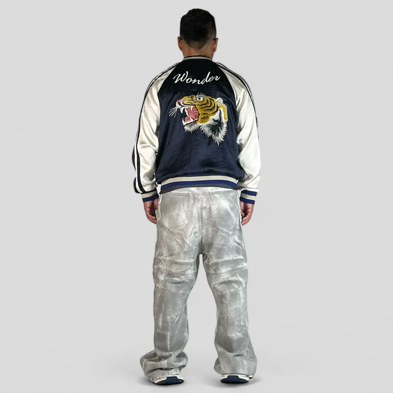 Reversible satin baseball jacket with tiger embroidery