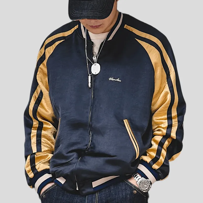 Reversible satin baseball jacket with tiger embroidery