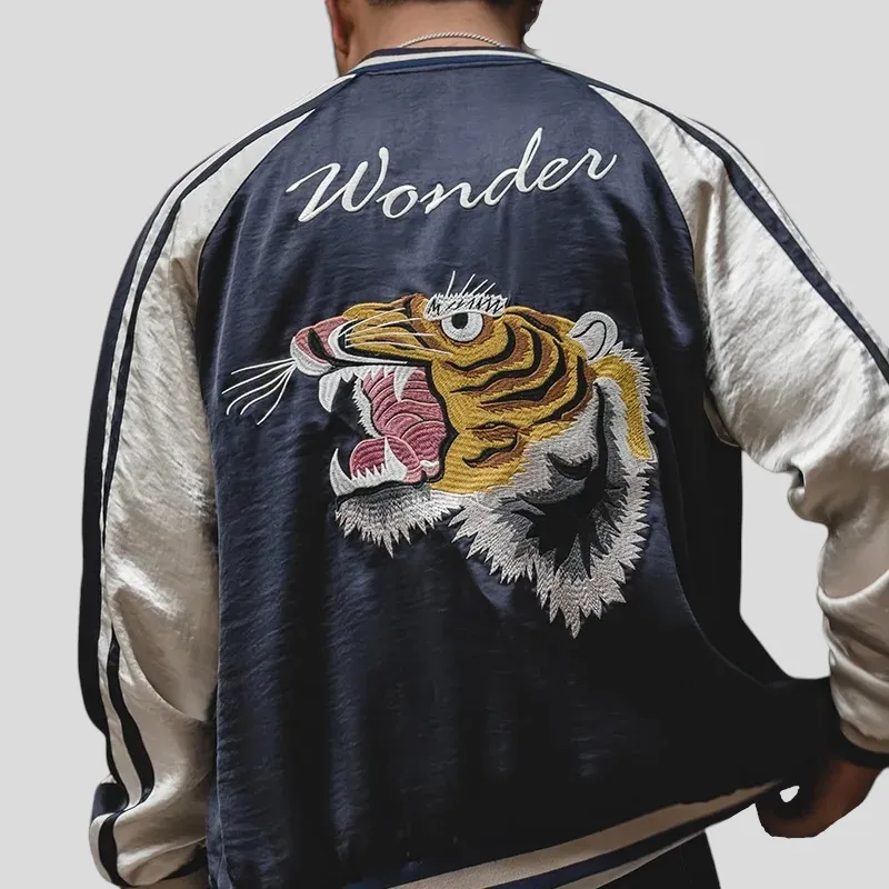 Reversible satin baseball jacket with tiger embroidery