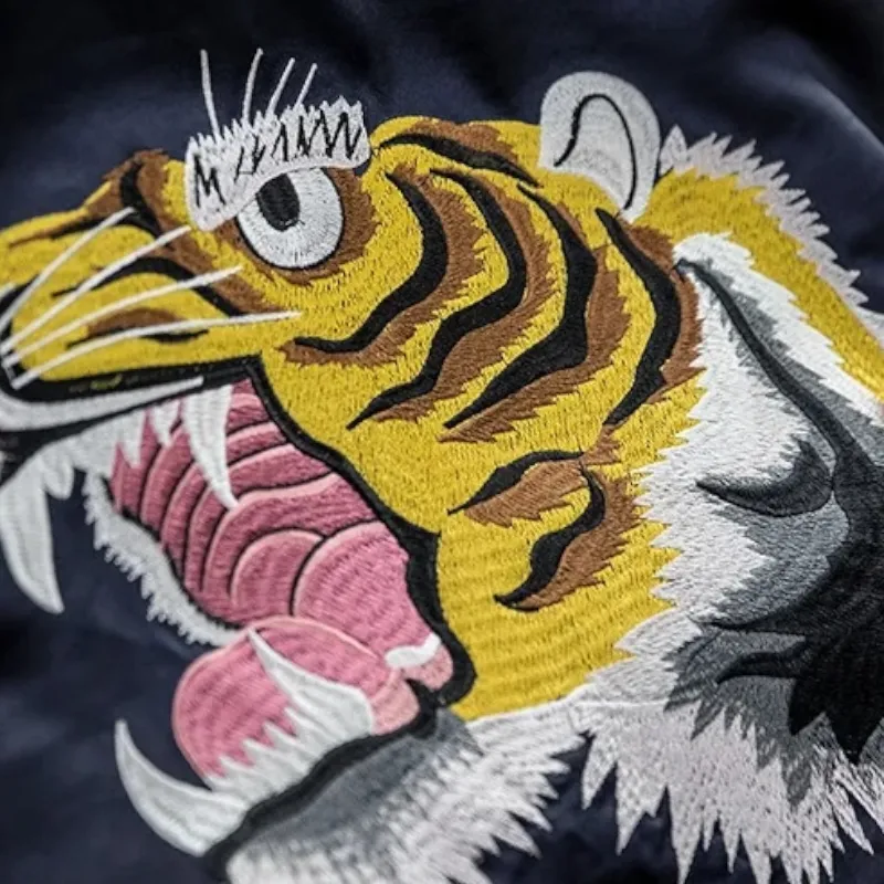 Reversible satin baseball jacket with tiger embroidery