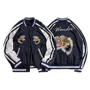 Reversible satin baseball jacket with tiger embroidery