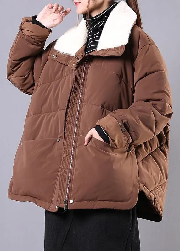 Warm plus size down jacket lapel coats chocolate pockets zippered winter parkas