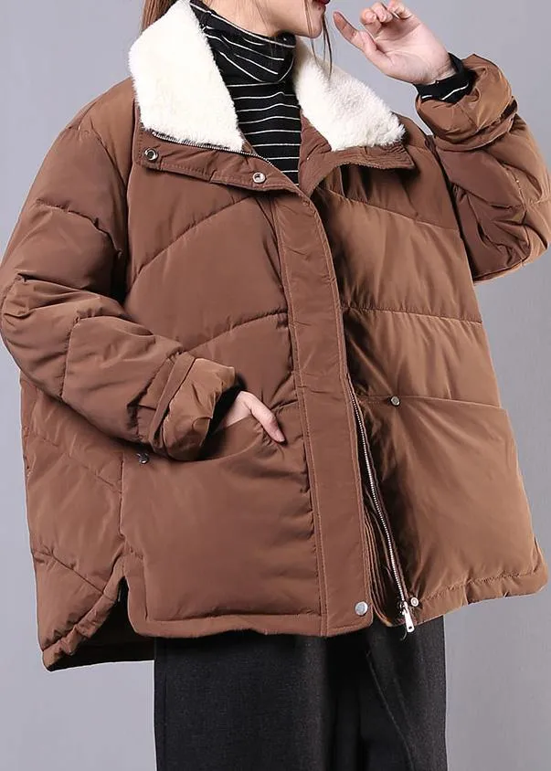 Warm plus size down jacket lapel coats chocolate pockets zippered winter parkas