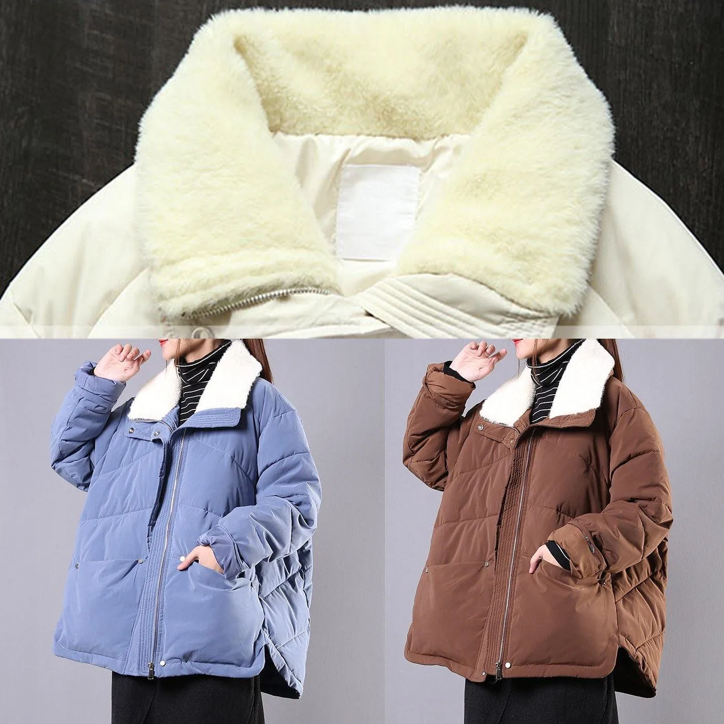 Warm plus size down jacket lapel coats chocolate pockets zippered winter parkas