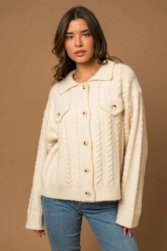 White Collared Cable Sweater Cardigan