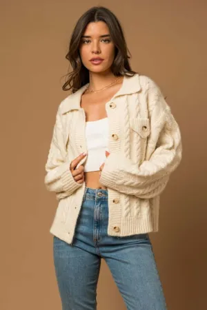 White Collared Cable Sweater Cardigan