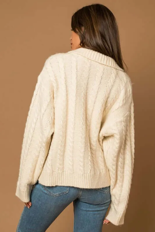 White Collared Cable Sweater Cardigan