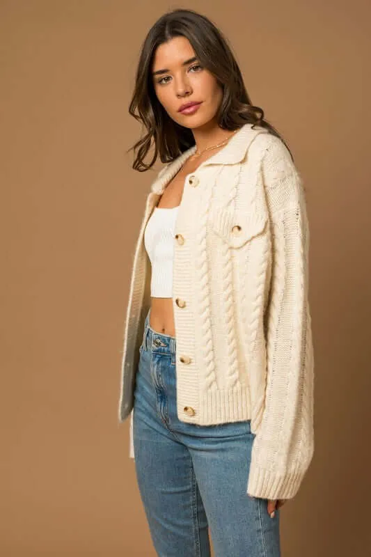 White Collared Cable Sweater Cardigan