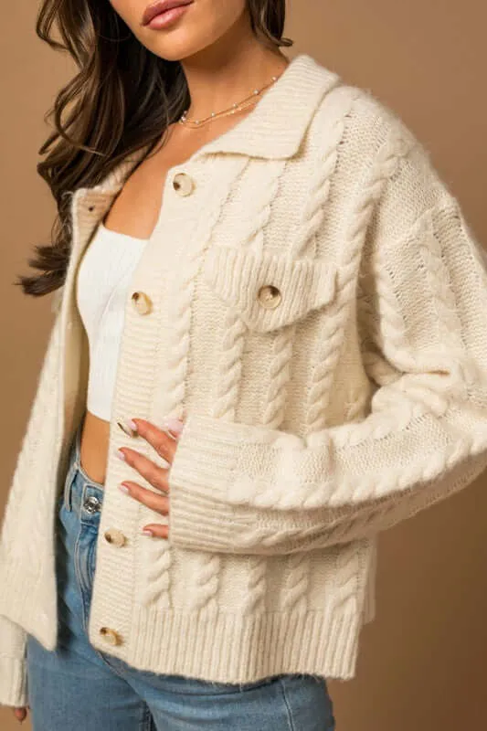 White Collared Cable Sweater Cardigan