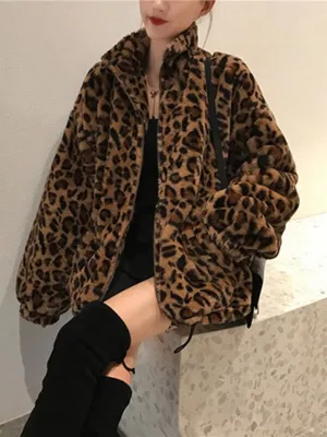 Winter Leopard Fur Jacket Women's Stand collar Warm Parkas Outerwear 2023