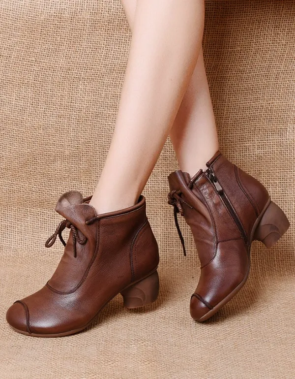 Women's Soft Leather Retro Chunky Boots